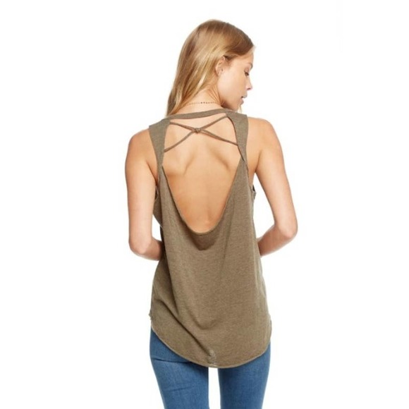 Chaser NWT Knotted Drape Cutout Back Shirttail Tank Top Moon/Green Size Medium - Picture 1 of 5